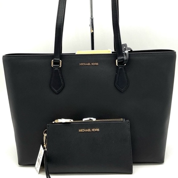 Michael Kors Bag Large Sheila Mf Tote Bag & Large Double Zip Wallet Black/Gold - Picture 1 of 15